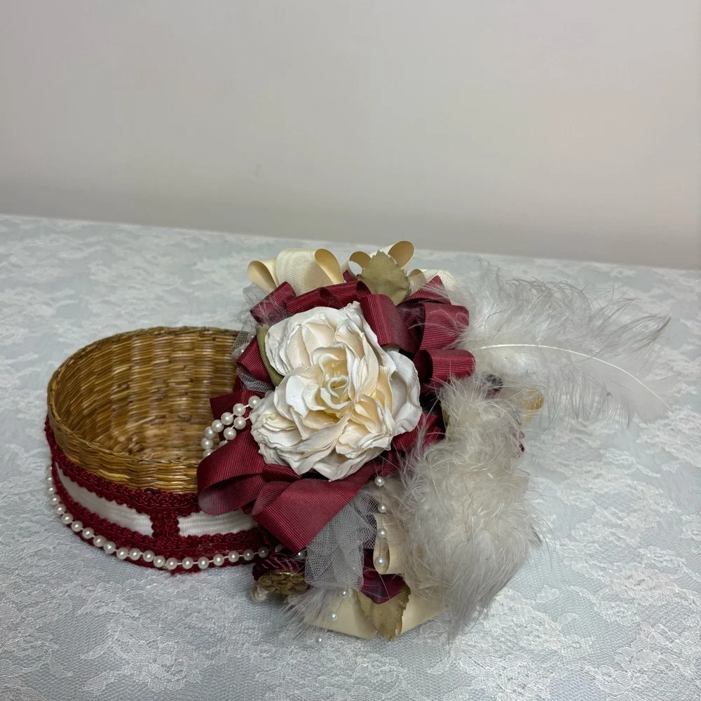 Victorian Lovers Box Handcrafted Woven Wicker Trinket Box Silk Satin Lace Pearls